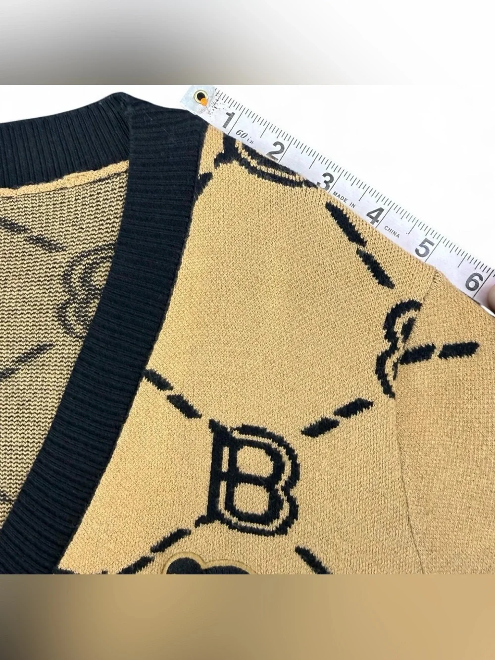 Black-Trim Camel Patterned Cardigan Sweater